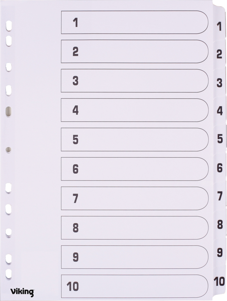 Przekładki do segregatora Viking Mylar, kartonowe, numeryczne, A4, 1-10 kart, biały