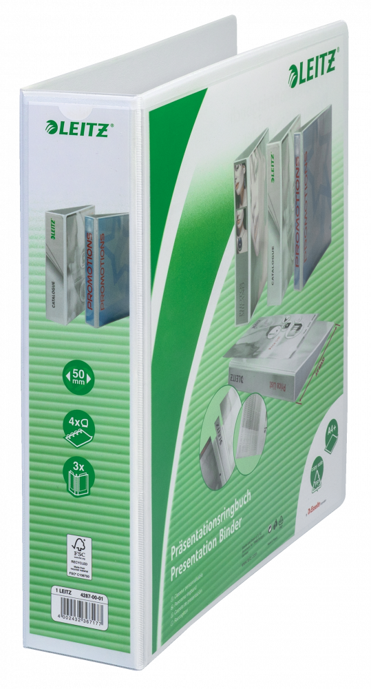 Segregator prezentacyjny Leitz, A4, szerokość grzbietu 77mm, do 480 kartek, 4 ringi, biały