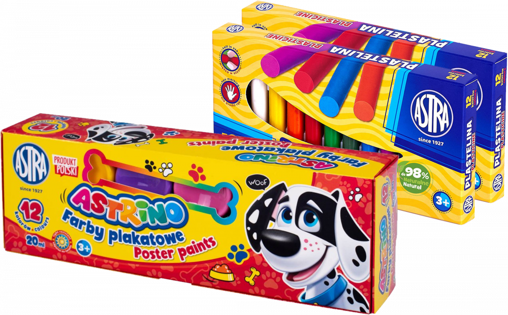 Zestaw: 2x Plastelina Astra, 12 kolorów + Farby plakatowe Astra Astrino, 20ml, 12 sztuk, mix kolorów