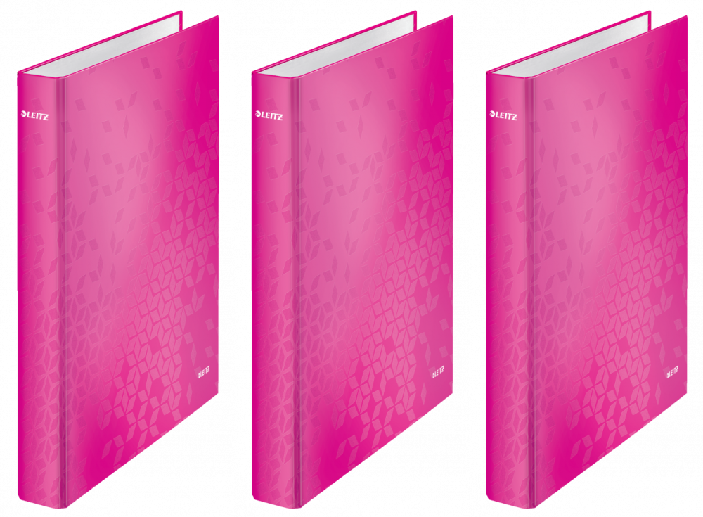 3x Segregator Leitz Wow, A4, szerokość grzbietu 40mm, do 250 kartek, 2 ringi, różowy