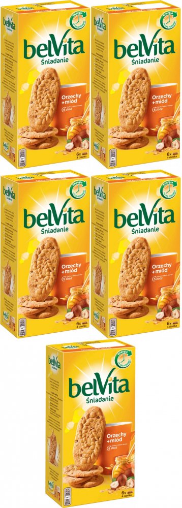 5x Ciastka zbożowe Belvita, orzechy i miód, 300g