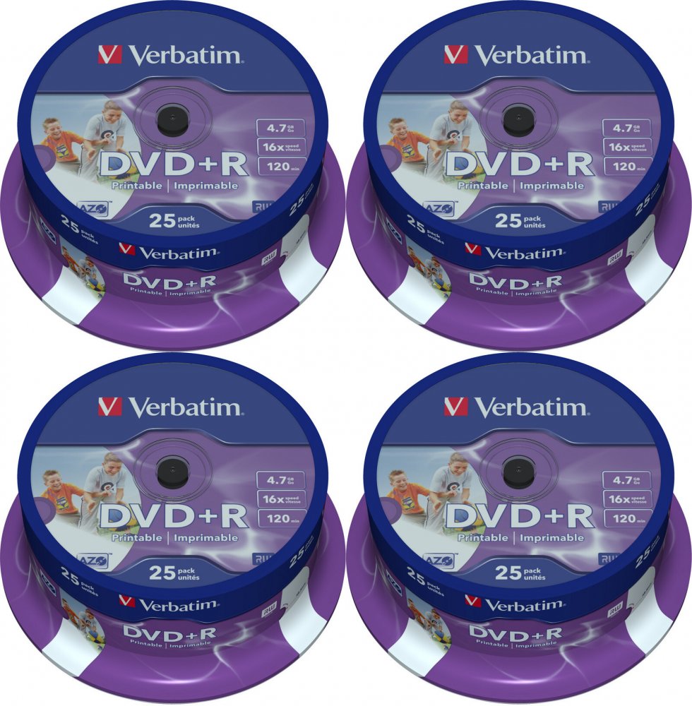 4x Płyta DVD+R Verbatim, do jednokrotnego zapisu, 4.7 GB, cake box, 25 sztuk