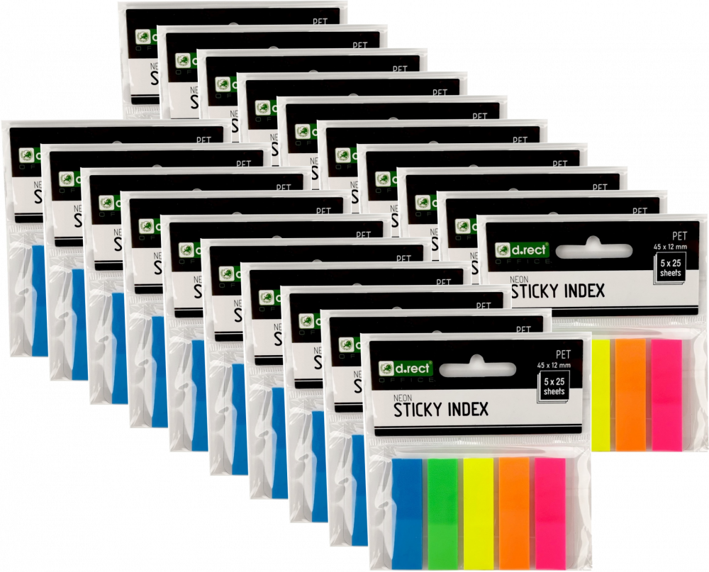 30x Zakładki samoprzylepne D.Rect proste, indeksujące, folia, transparentne, 45x12mm, 5x25 sztuk, mix kolorów neonowych