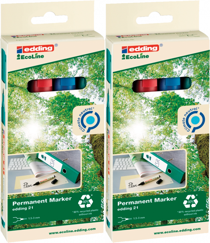 2x Marker permanentny Edding 21 EcoLine, okrągła, 1.5-3mm, 4 sztuki, mix kolorów