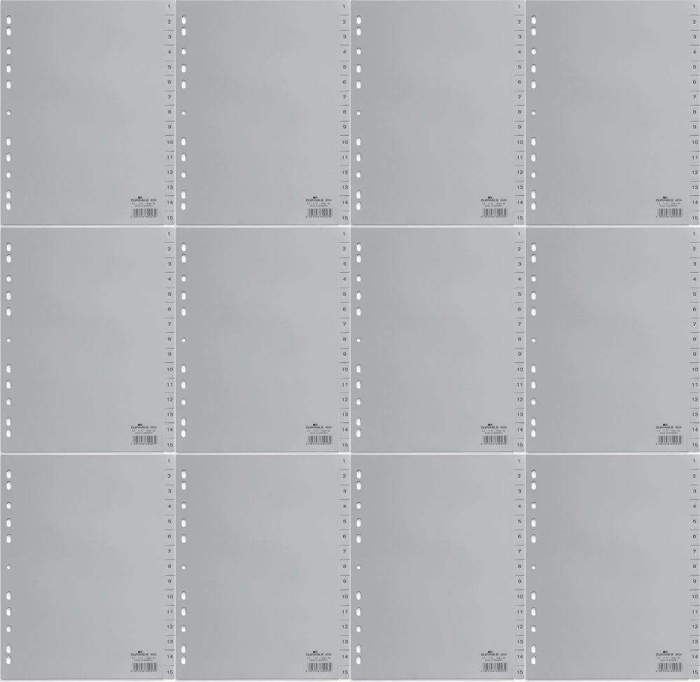 12x Przekładki do segregatora Durable, plastikowe, numeryczne, A4, 1-15 kart, szary