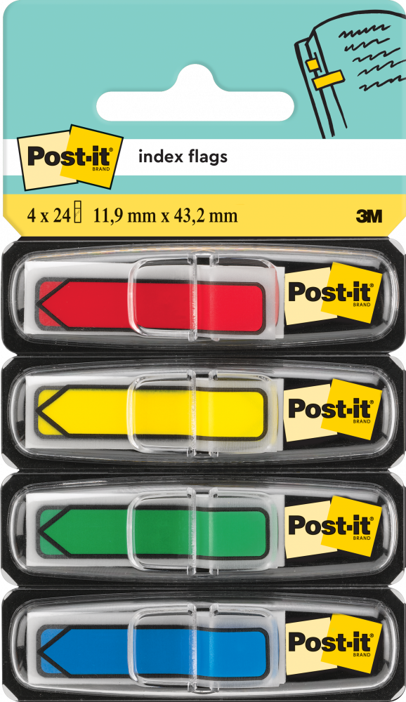 Zakładki samoprzylepne Post-it proste, z nadrukiem strzałki, indeksujące, folia, 12x43mm, 4x24 sztuki standardowe