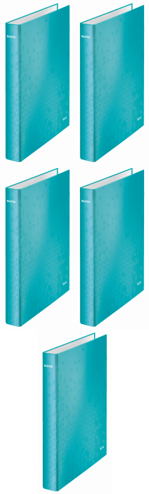 5x Segregator Leitz Wow, A4, szerokość grzbietu 40mm, do 250 kartek, 4 ringi, turkusowy