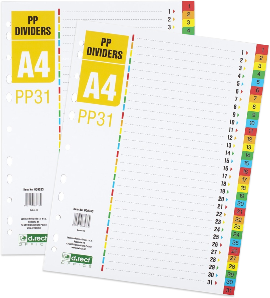 2x Przekładki do segregatora D.Rect PP31, plastikowe, numeryczne, 1-31 kart, mix kolorów