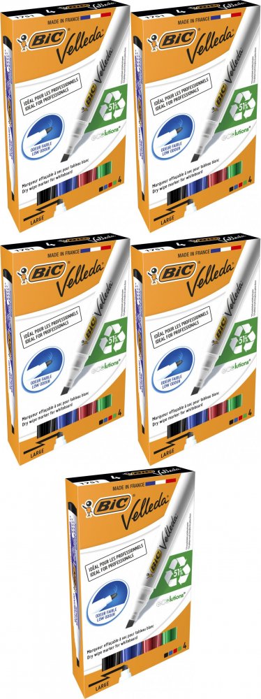 5x Marker suchościeralny Bic, Velleda, ścięta, 4 sztuki, mix kolorów