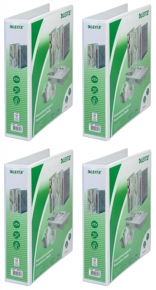 4x Segregator prezentacyjny Leitz, A4, szerokość grzbietu 77mm, do 480 kartek, 4 ringi, biały
