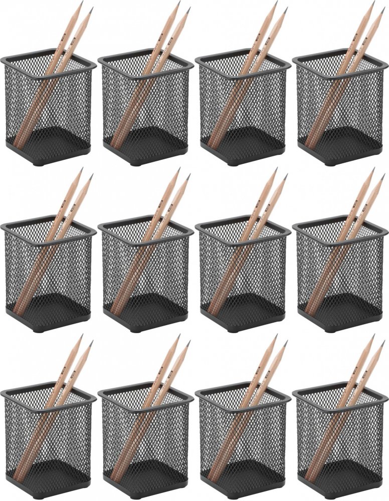 12x Kubek na długopisy Q-Connect Office Set, druciany, kwadrat, 80x80x100mm, czarny