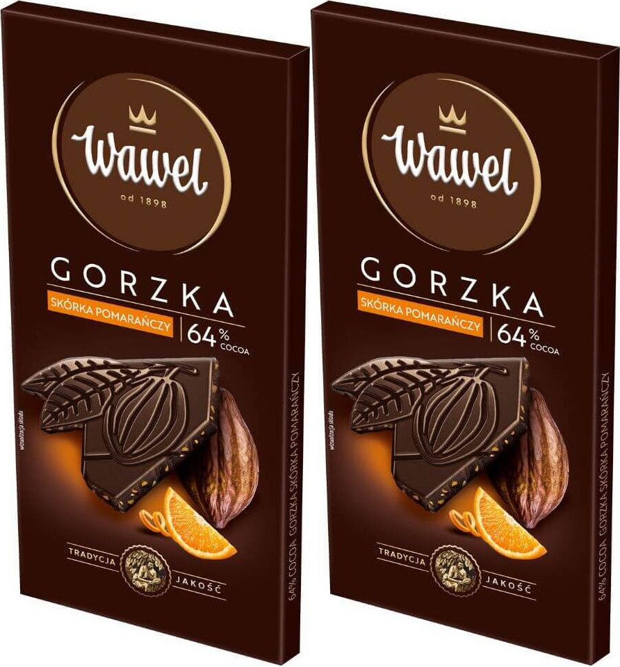 2x Gorzka czekolada Wawel Premium 64%, skórka pomarańczy, 90g