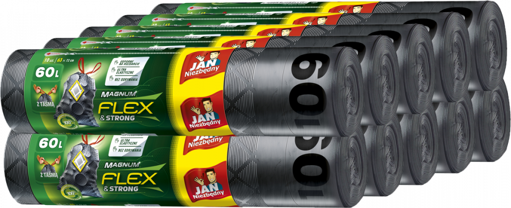 10x Worki na śmieci Jan Niezbędny Magnum Flex&Strong, z taśmą, na odpady zmieszane, 60l, 10 sztuk, grafitowy