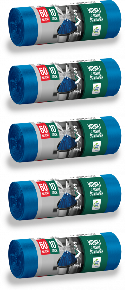 5x Worki na śmieci Anna Zaradna, na odpady zmieszane, supermocne, 60l, 10 sztuk, niebieski