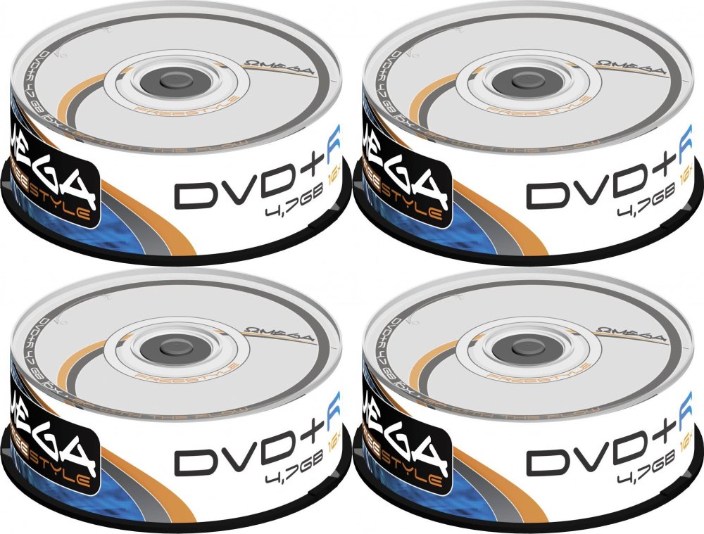 4x Płyta DVD+R Omega Freestyle, do jednokrotnego zapisu, 4.7 GB, cake box, 25 sztuk