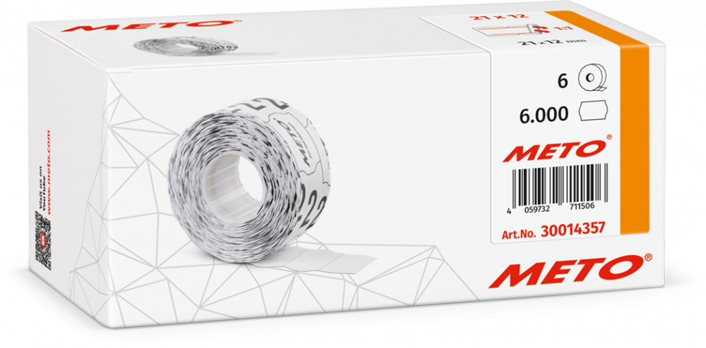 Etykiety cenowe w rolce Meto, do metkownicy jednorzędowej, 21x12 mm, 1000 sztuk, 6 rolek, biało-czerwony