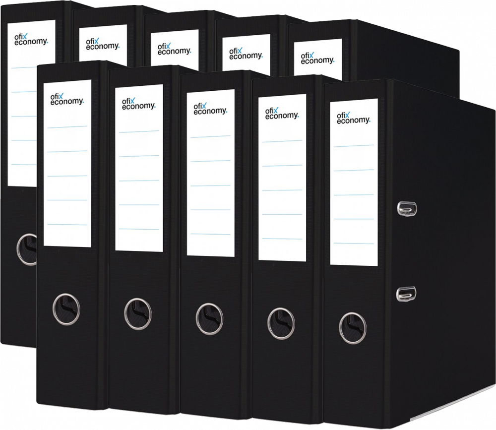 10x Segregator A4 Ofix Economy, z wyklejką, 75mm, do 500 kartek, czarny