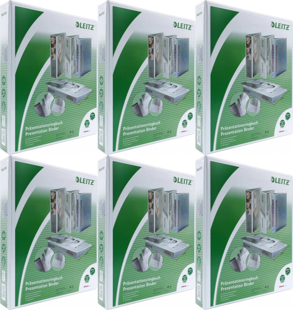 6x Segregator prezentacyjny Leitz, A4, szerokość grzbietu 51mm, do 280 kartek, 4 ringi, biały