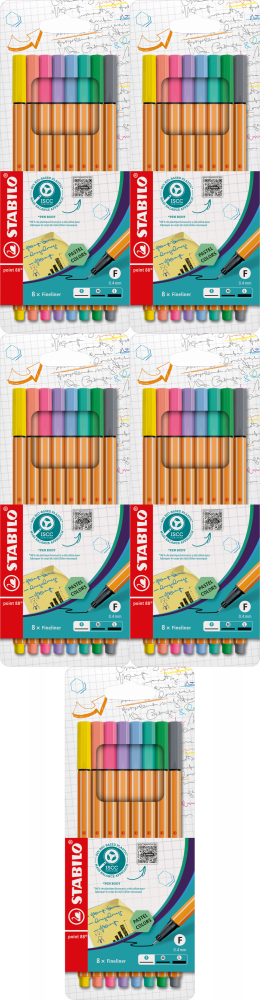 5x Cienkopis Stabilo, Point 88/8-01, 0,4mm, 8 sztuk w etui, mix kolorów pastelowych