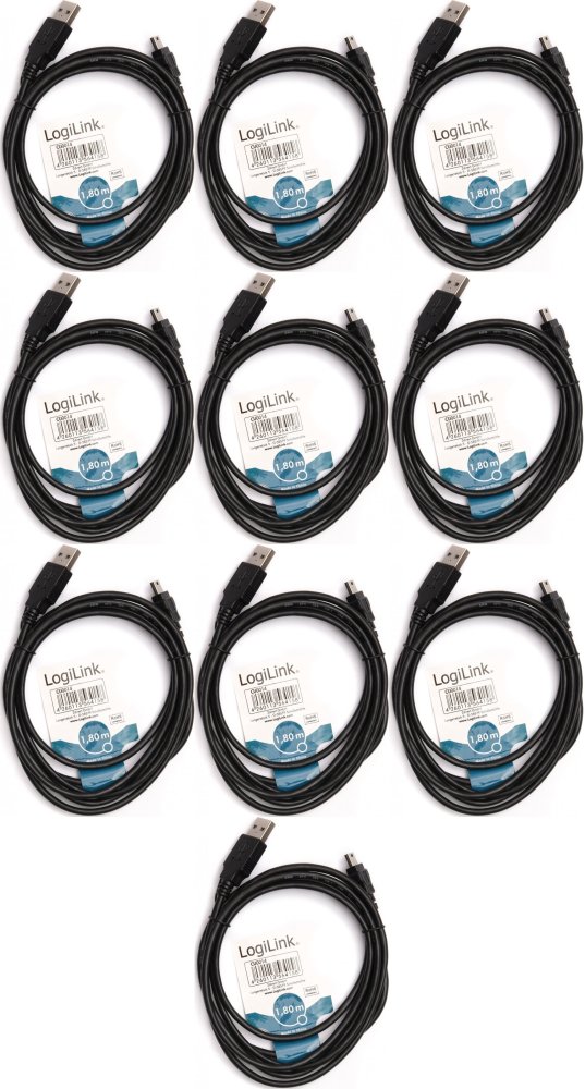 10x Kabel USB 2.0 - USB Mini 5pin LogiLink, 1.8m, czarny