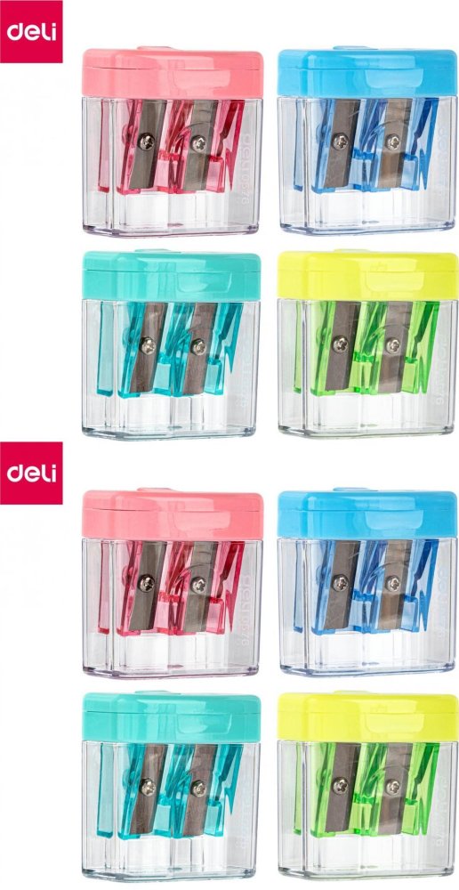 8x Temperówka Deli Comiko, z pojemnikiem, 2 otwory, 1 sztuka, mix kolorów