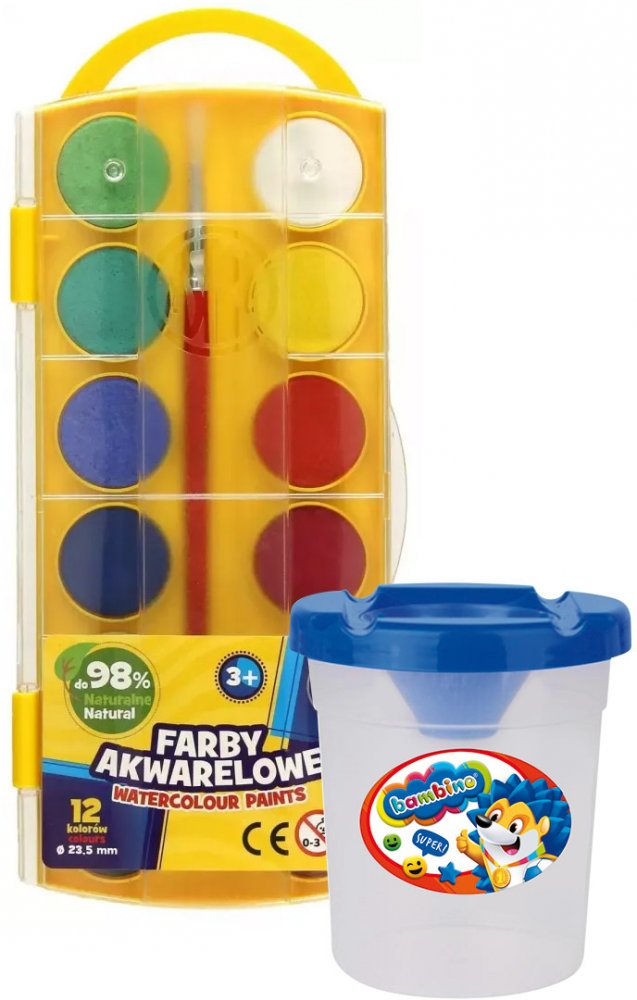 Zestaw: Farby akwarelowe Astra, 12 sztuk + Kubek do wody i farb Bambino Zwierzaki Uczniaki, z blokadą wylania