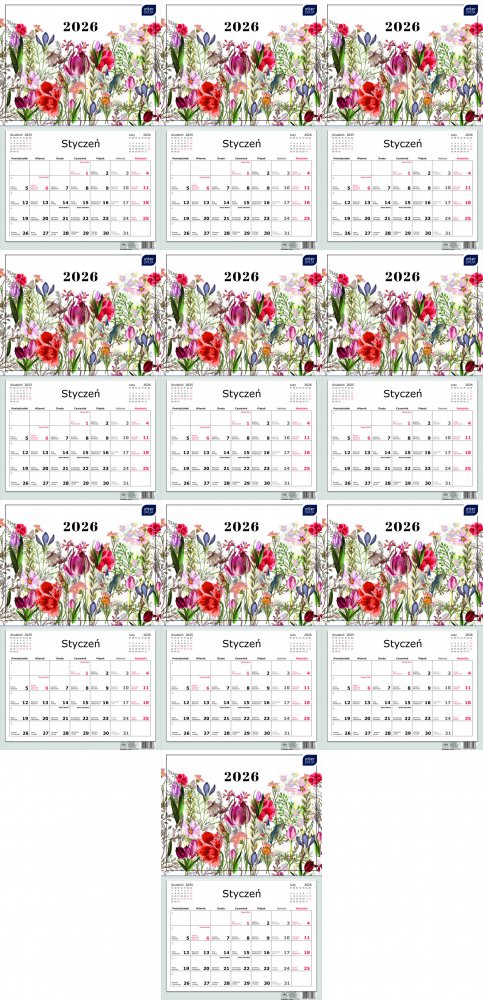 10x Kalendarz ścienny 2026, Interdruk, jednodzielny, 32x50cm, Kwiaty