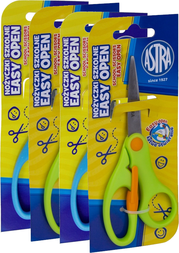 4x Nożyczki szkolne Astra Easy Open, z odbojnikiem, 13cm, 1 sztuka, na blistrze, mix kolorów