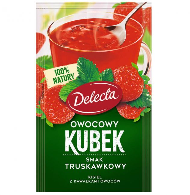 Kisiel Delecta Owocowy Kubek z kawałkami owoców, truskawkowy, 30g