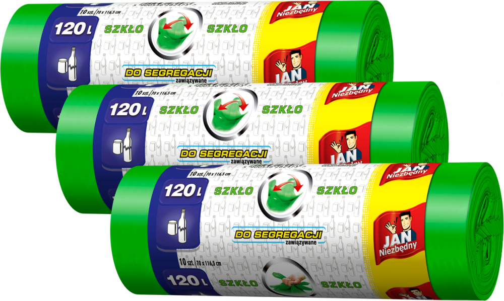 3x Worki na śmieci Jan Niezbędny, na szkło, 120l, 10 sztuk, zielony