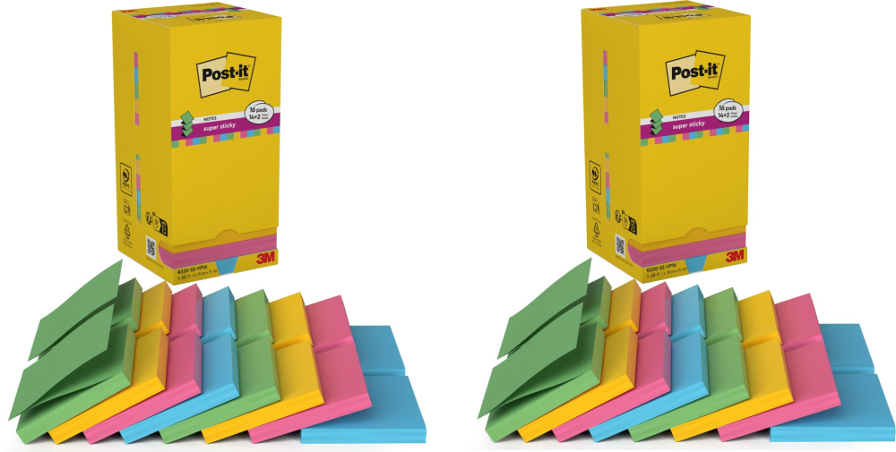 2x Karteczki samoprzylepne Post-It Super Sticky Z-Notes (R330-SS-VP16), 76x76mm, 16 (14+2 gratis) x 90 karteczek, mix kolorów