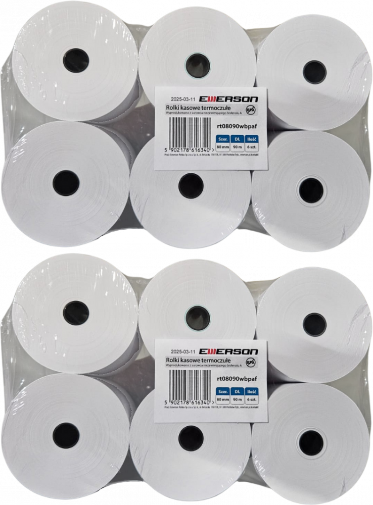2x Rolka termiczna Emerson, 80mm x 90m, 50+/- 6g/m2, BPA Free, 6 sztuk, biały