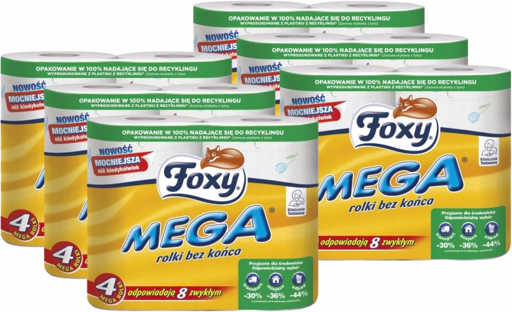 6x Papier toaletowy Foxy Mega, 3-warstwowy, 4 rolki, biały