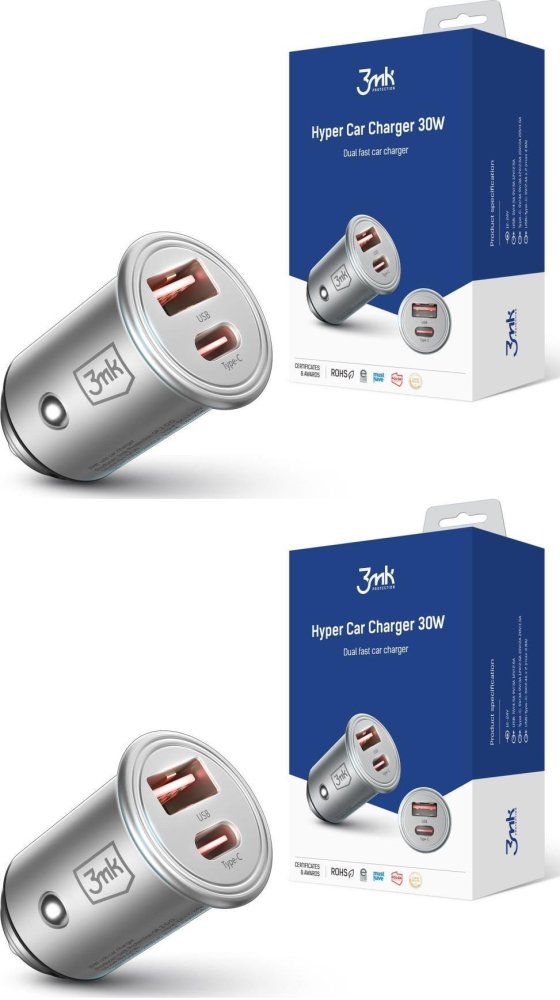 2x Ładowarka samochodowa 3mk Hyper Car Charger 30W, PD QC PPS, USB-C/USB-A, srebrny