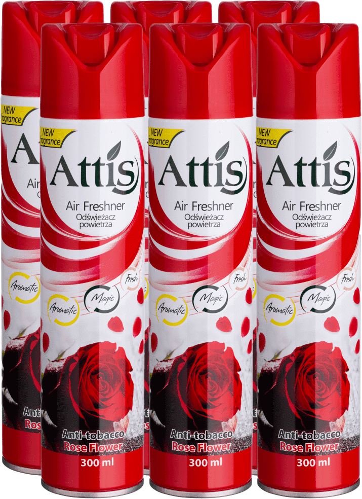 6x Odświeżacz powietrza Attis Gold Drop, spray, Anti Tabacco Rose Flower, 300ml
