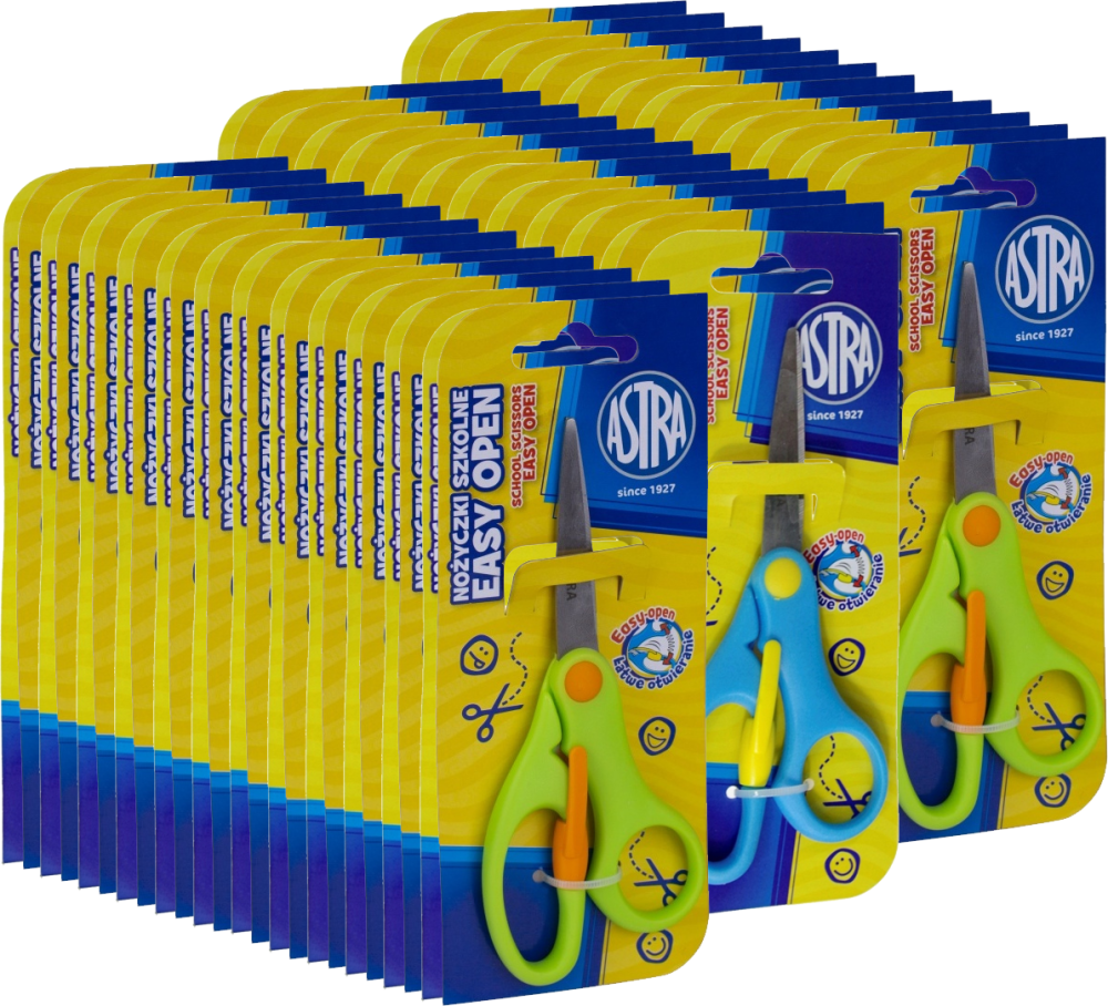 75x Nożyczki szkolne Astra Easy Open, z odbojnikiem, 13cm, 1 sztuka, na blistrze, mix kolorów