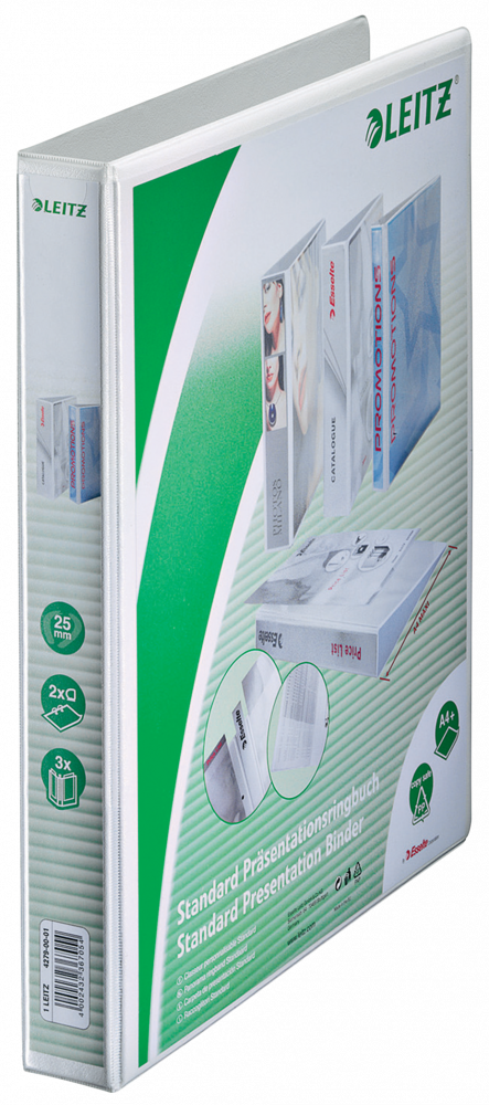 Segregator prezentacyjny Leitz, A4, szerokość grzbietu 43mm, do 250 kartek, 2 ringi, biały
