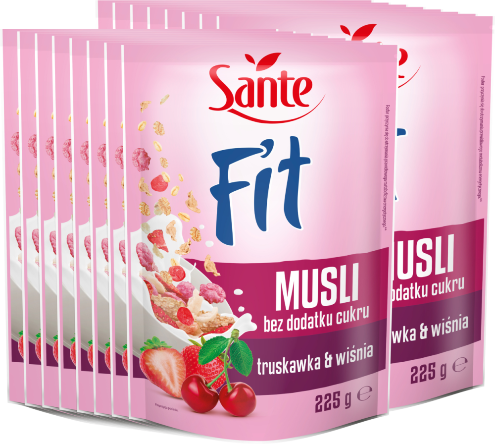 16x Płatki śniadaniowe Sante Fit, truskawka/malina/wiśnia, bez cukru, 225g