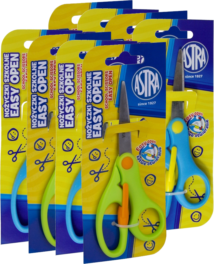 8x Nożyczki szkolne Astra Easy Open, z odbojnikiem, 13cm, 1 sztuka, na blistrze, mix kolorów
