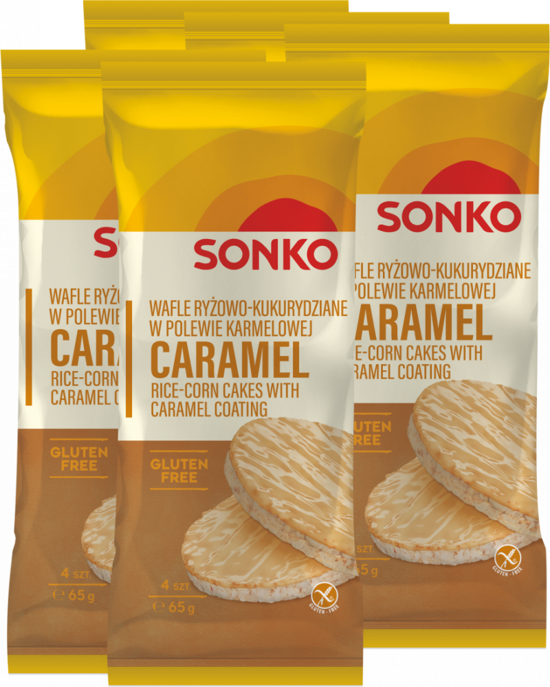 5x Wafle ryżowo-kukurydziane Sonko, w polewie karmelowej, 4 sztuki, 65g