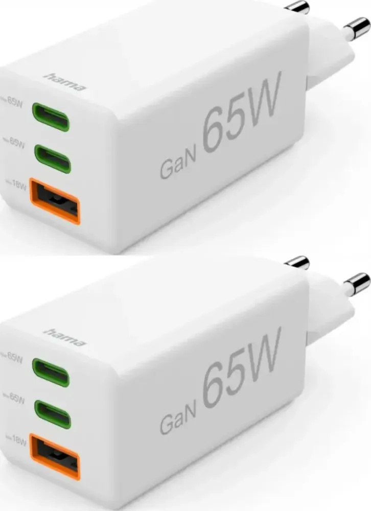 2x Ładowarka do telefonu Hama Mini, Power Delivery Quick Charge, GaN, 2xUSB-C/USB-A, 65W, biały