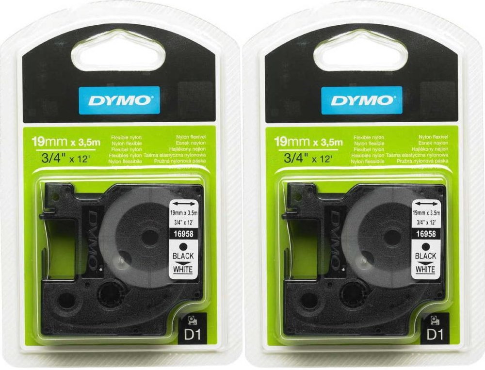 2x Taśma nylonowa do drukarek etykiet Dymo D1, elastyczna, 19mmx3.5m, biały/czarny nadruk