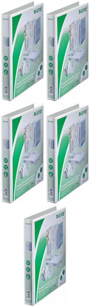 5x Segregator prezentacyjny Leitz, A4, szerokość grzbietu 43mm, do 250 kartek, 2 ringi, biały