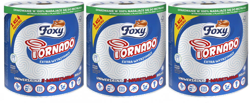 3x Ręcznik papierowy Foxy Tornado, 3-warstwowy, w roli, 1 rolka, biały