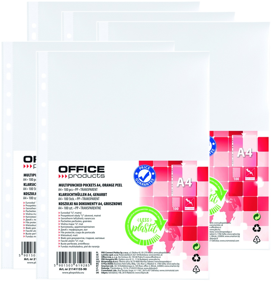 5x Koszulki groszkowe Office Products, A4, 30μm, 100 sztuk, transparentny