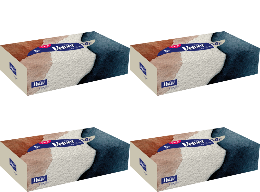 4x Chusteczki higieczne Velvet Comfort, w kartoniku, 3-warstwowe, 120 sztuk