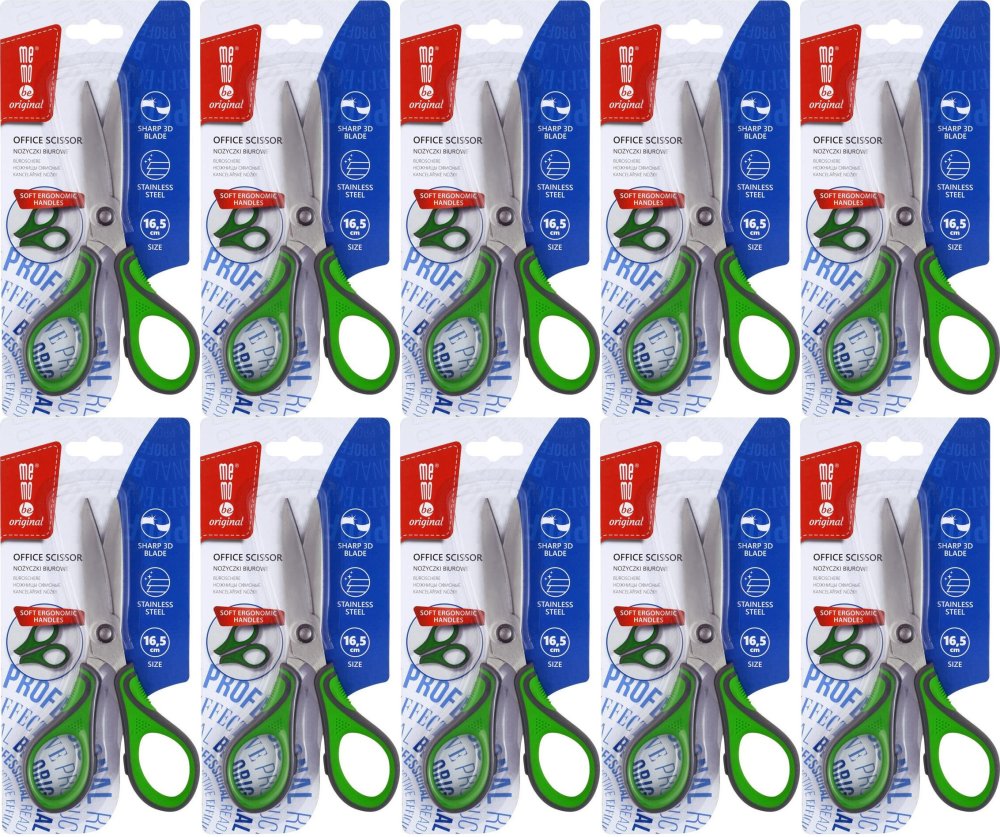10x Nożyczki biurowe MemoBe, ostrze 3D, 16.5cm, zielony