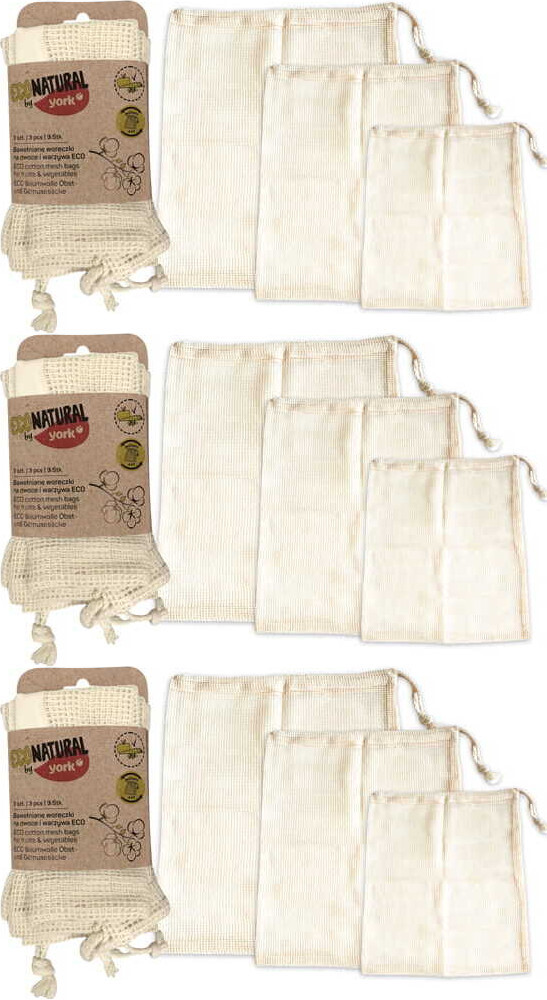 3x Woreczki bawełniane Eco Natural by York, do owoców i warzyw, 3 sztuki, kremowy