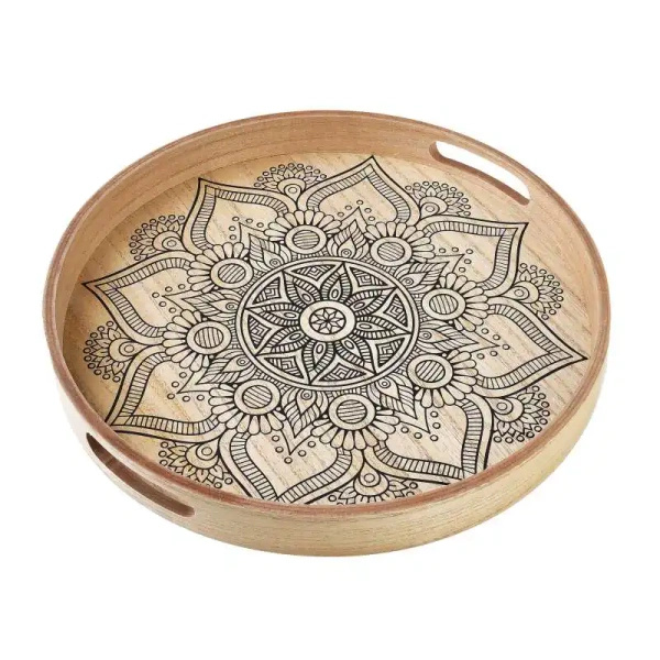 Taca drewniana okrągła wzór MANDALA fi 34,5 cm