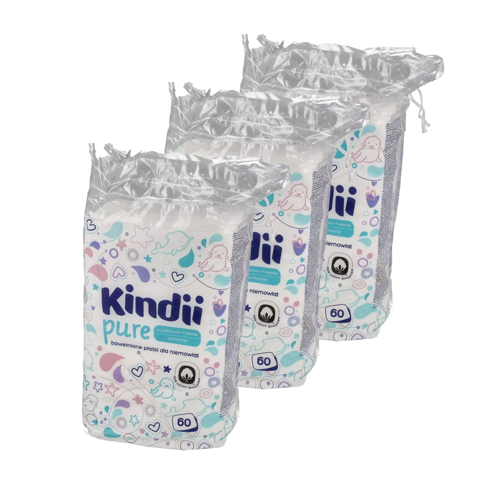 Zestaw: 3 x cleanic kindii pure - płatki kosmetyczne dla niemowląt baby sensitive, 60 sztuk